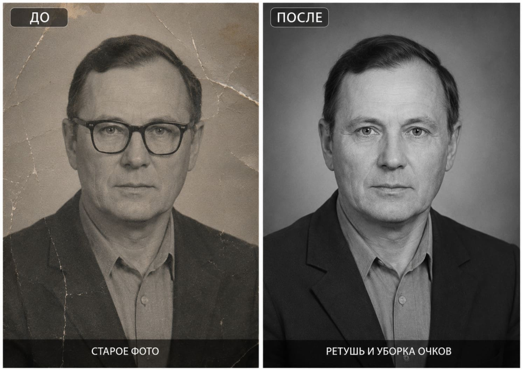 Снятие очков ретушь портрета на памятник