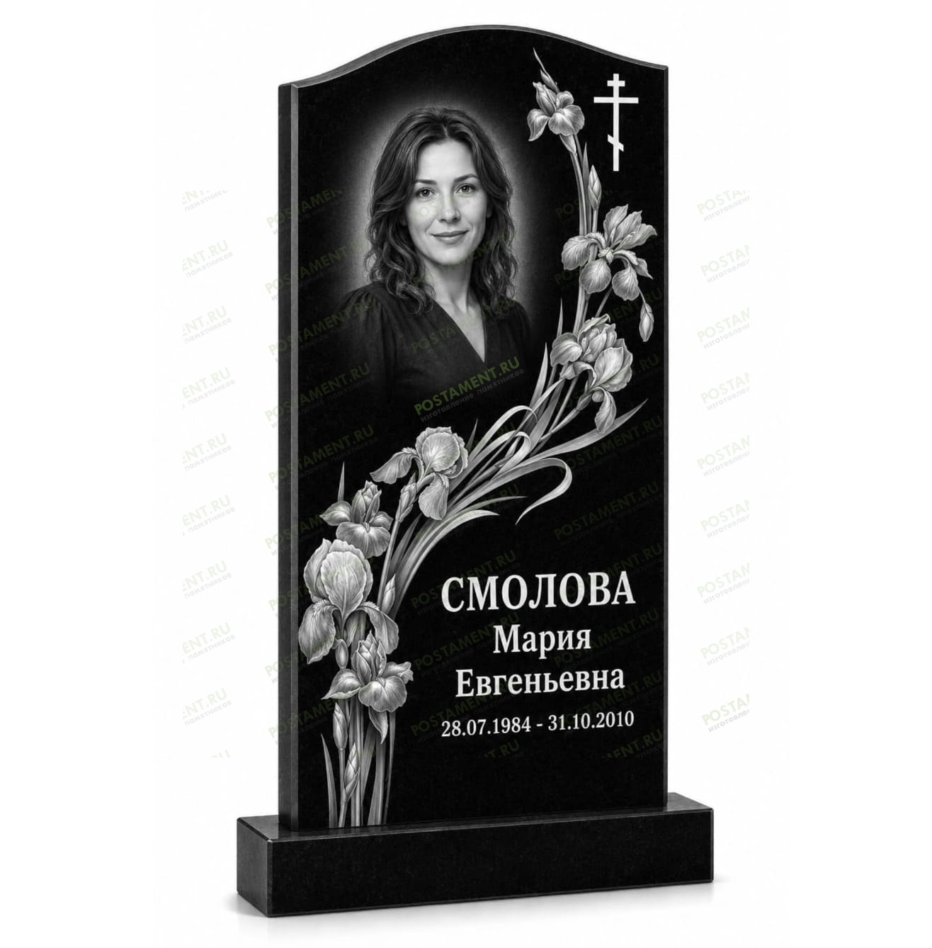Гравировка памятника с ирисами — изящное решение для оформления женских мемориалов