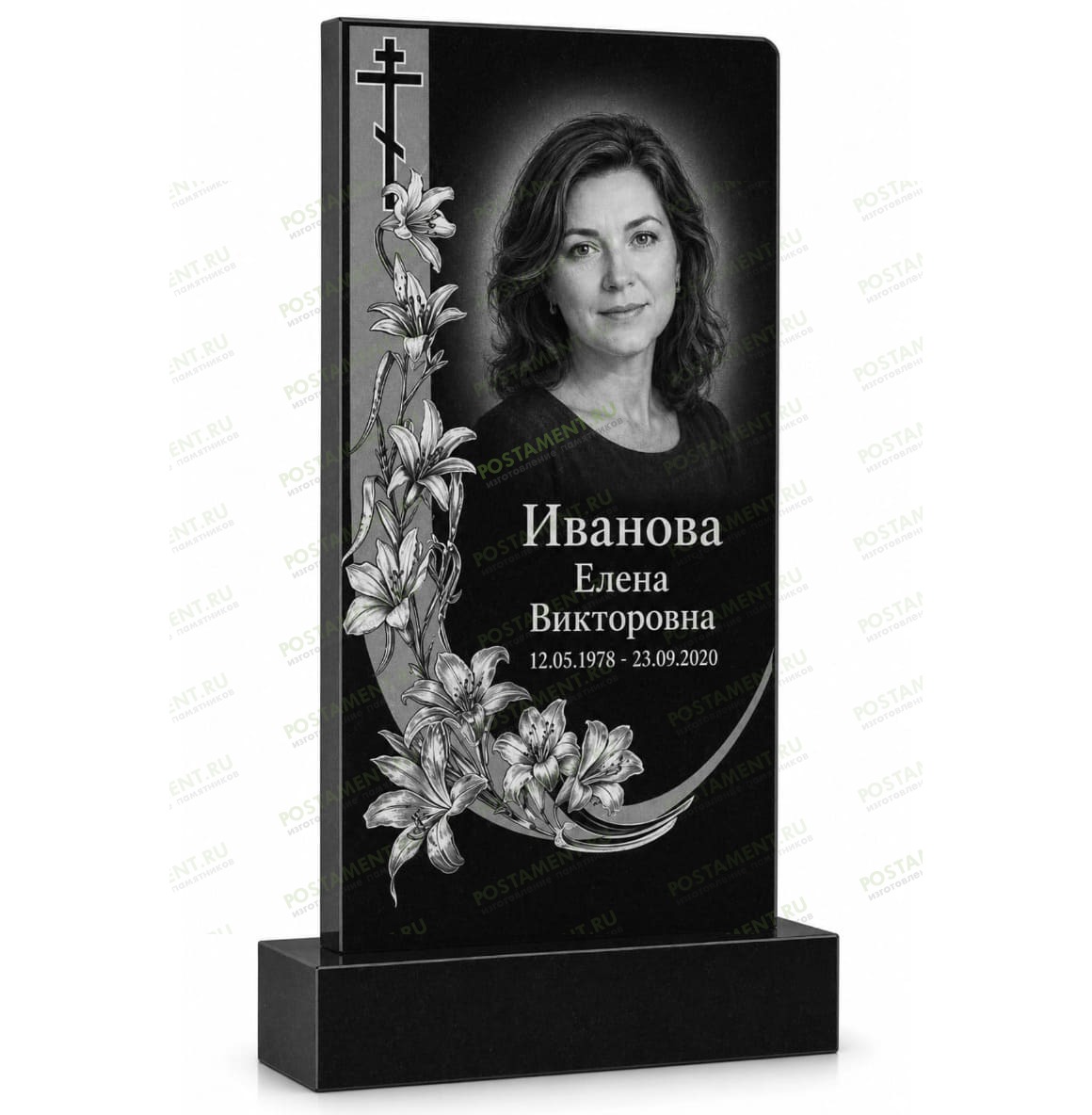 Комплексное оформление памятника с лилиями, православным крестом и художественной гравировкой портрета на граните