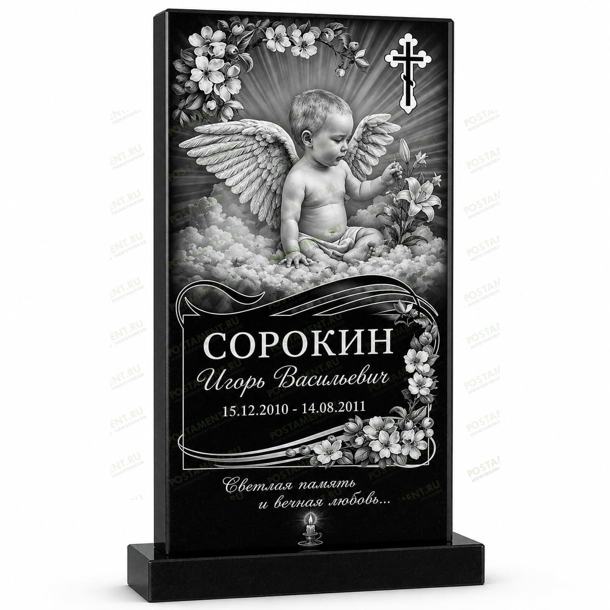Комплексное оформление детского памятника с ангелом, цветами, крестом и свечой