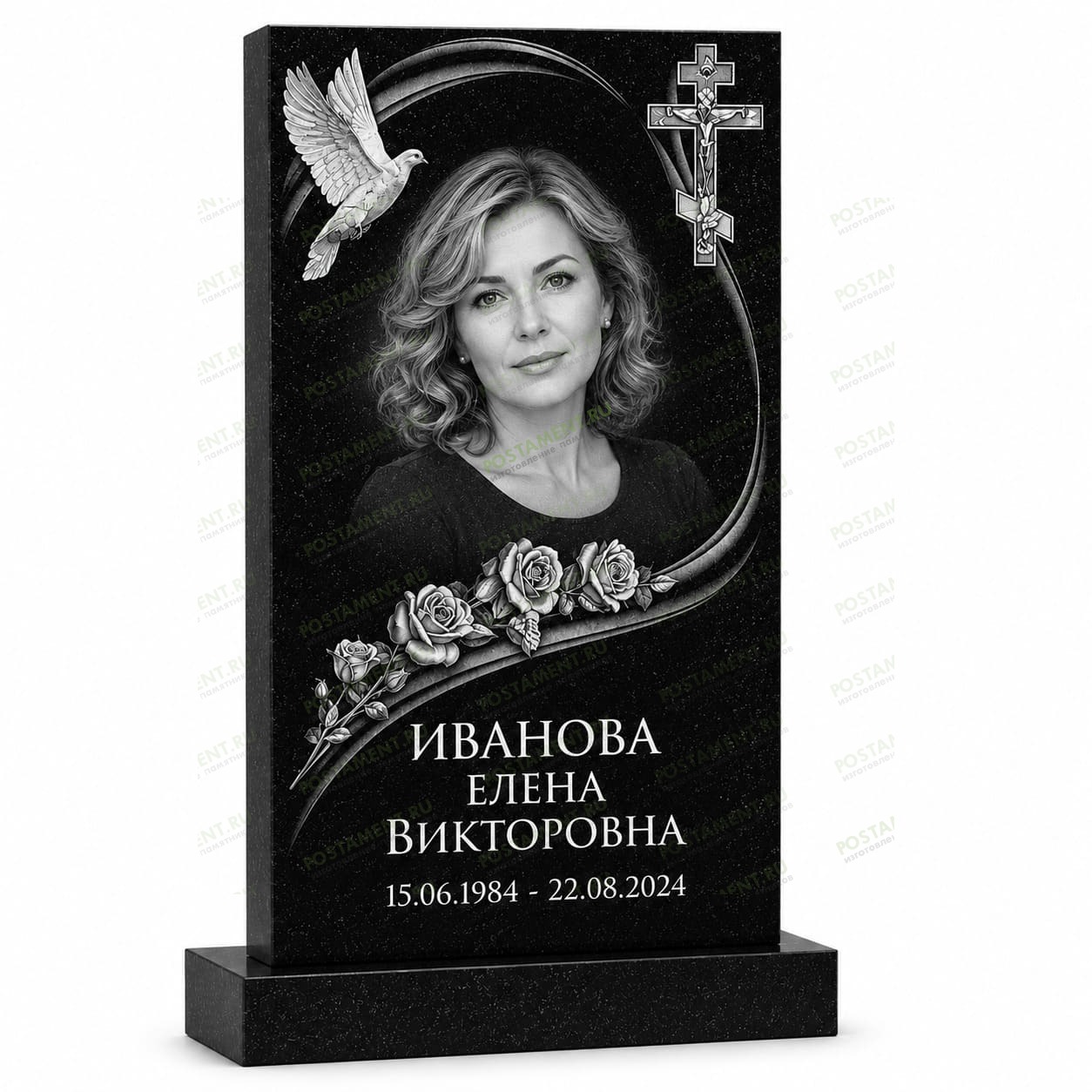 Оформление памятника с голубем, православным крестом и розами на черном граните