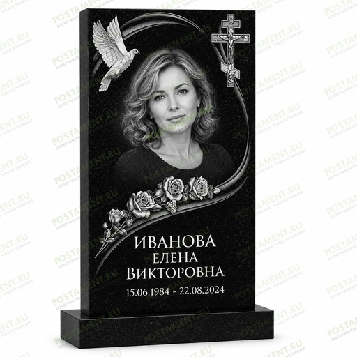 Оформление памятника с голубем, православным крестом и розами на черном граните