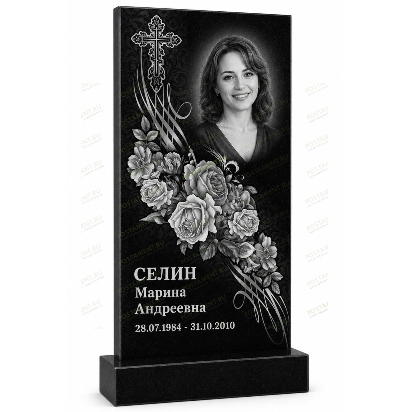 Памятник с букетом роз, православным крестом и художественной гравировкой на черном граните