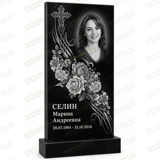 Памятник с букетом роз, православным крестом и художественной гравировкой на черном граните