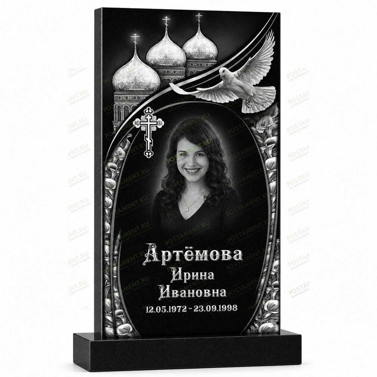 Гравировка памятника с храмом и голубем