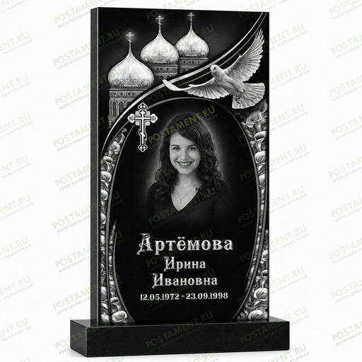 Гравировка памятника с храмом и голубем