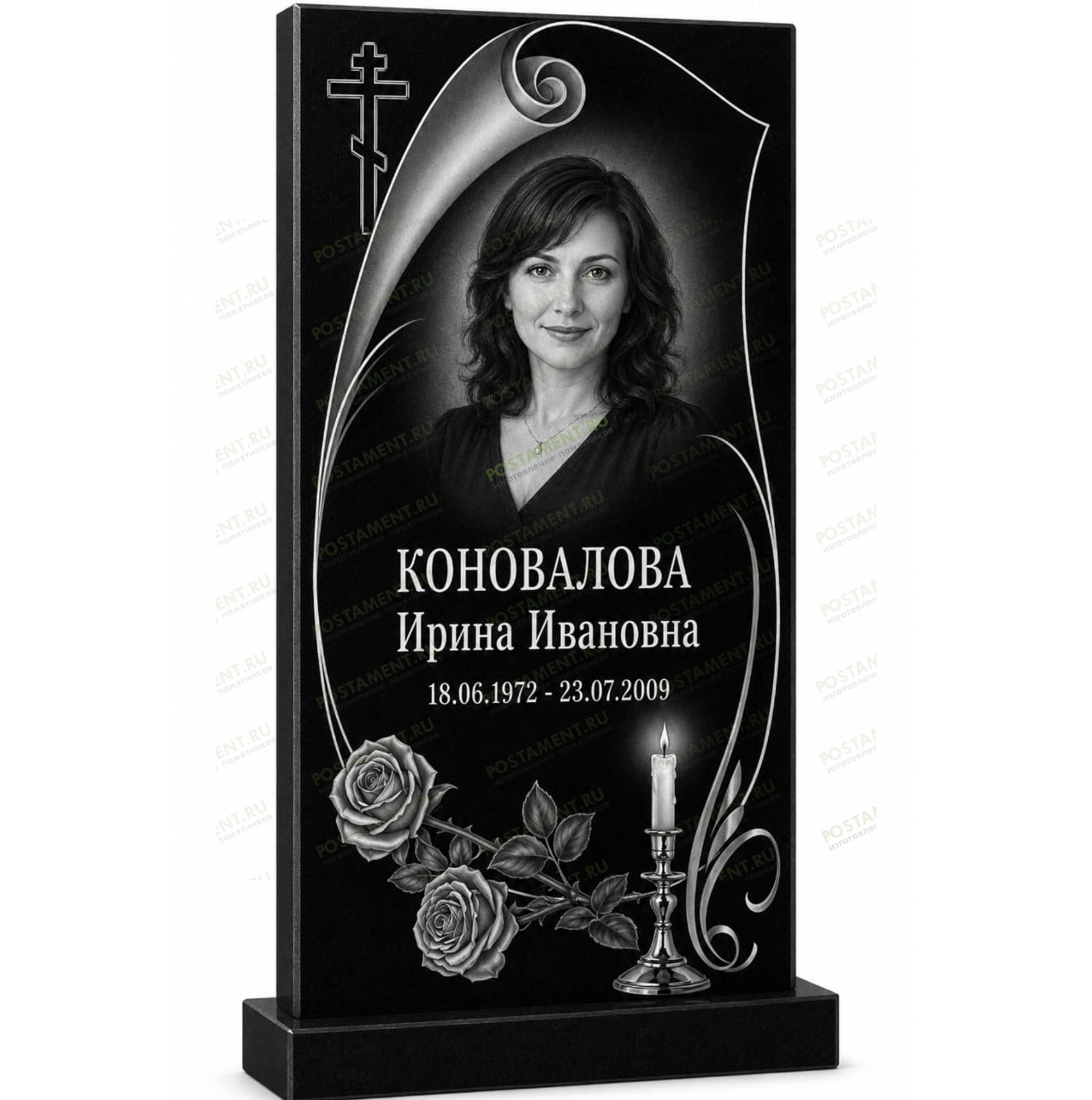 Гравировка памятника с портретом, декоративной рамкой, свечой, розами и православным крестом на черном граните