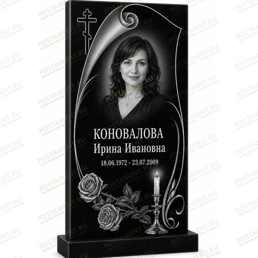 Гравировка памятника с портретом, декоративной рамкой, свечой, розами и православным крестом на черном граните