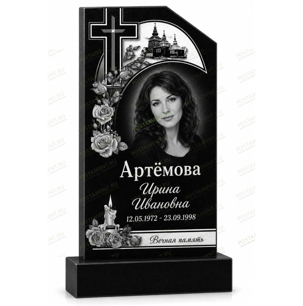 Художественная гравировка памятника с православным крестом, храмом, розами, свечой и портретом