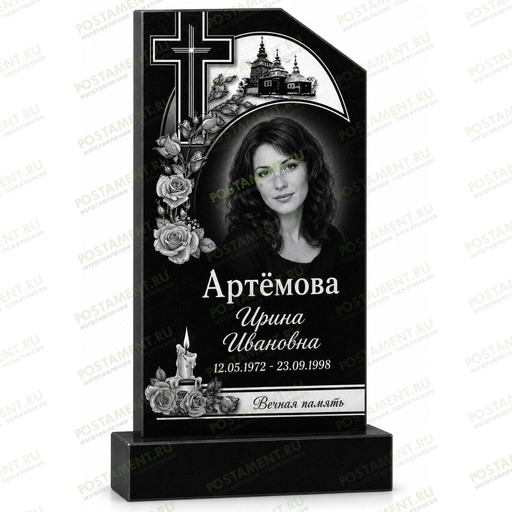Художественная гравировка памятника с православным крестом, храмом, розами, свечой и портретом