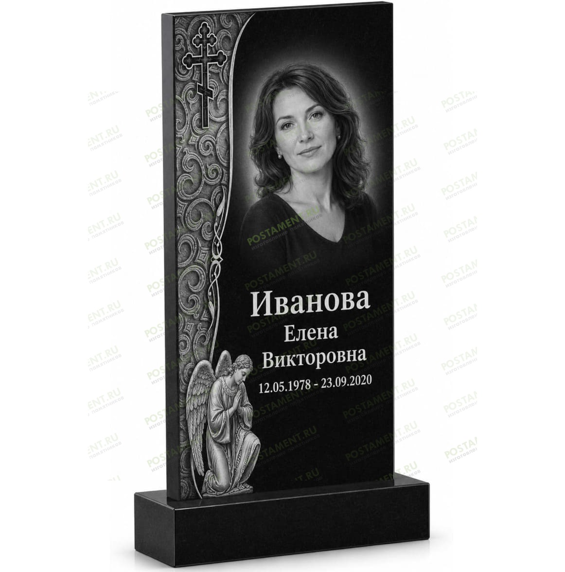 Комплексное оформление памятника с православным крестом, ангелом, орнаментом