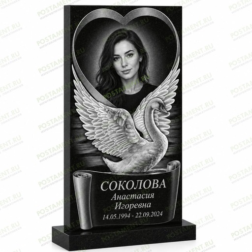 Женский памятник из черного гранита габбро с эксклюзивным художественным оформлением лицевой стороны