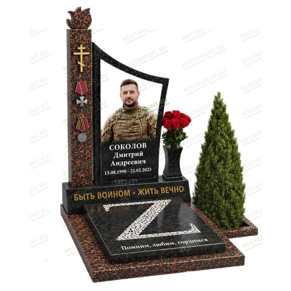 Военный памятник участнику СВО из красного и черного гранита 19012