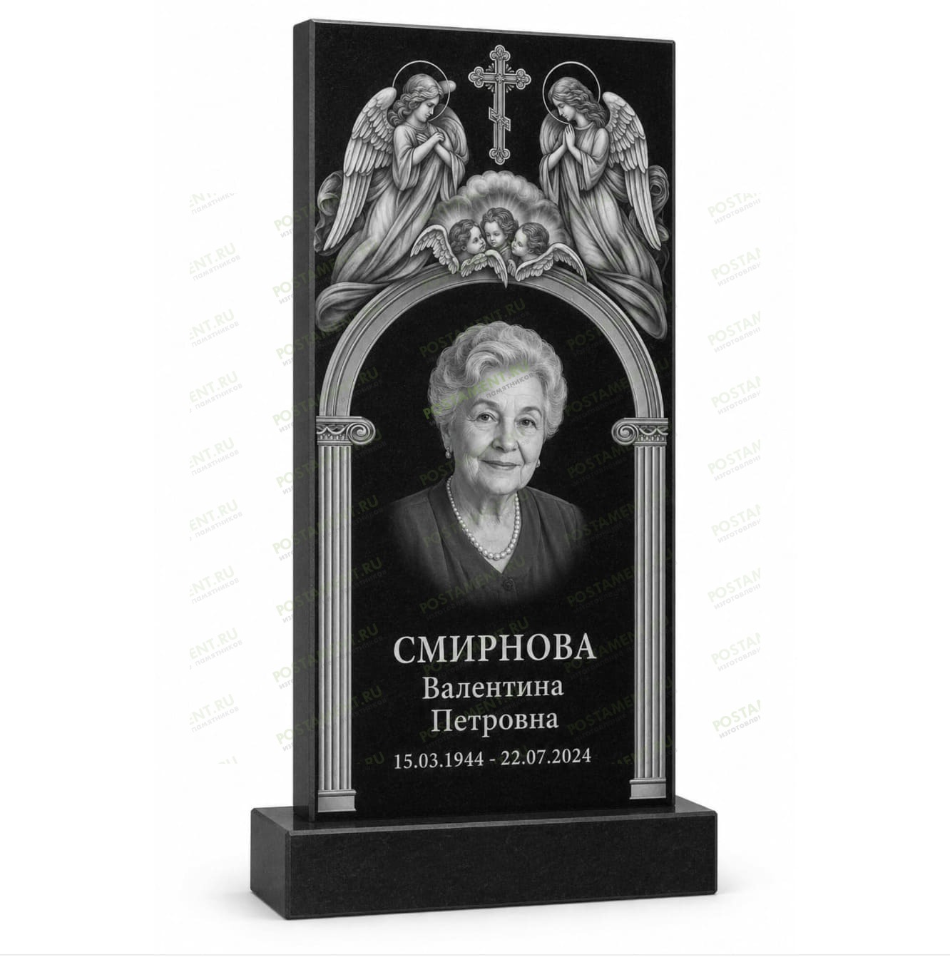 Комплексное оформление памятника с двумя ангелами, аркой и православным крестом