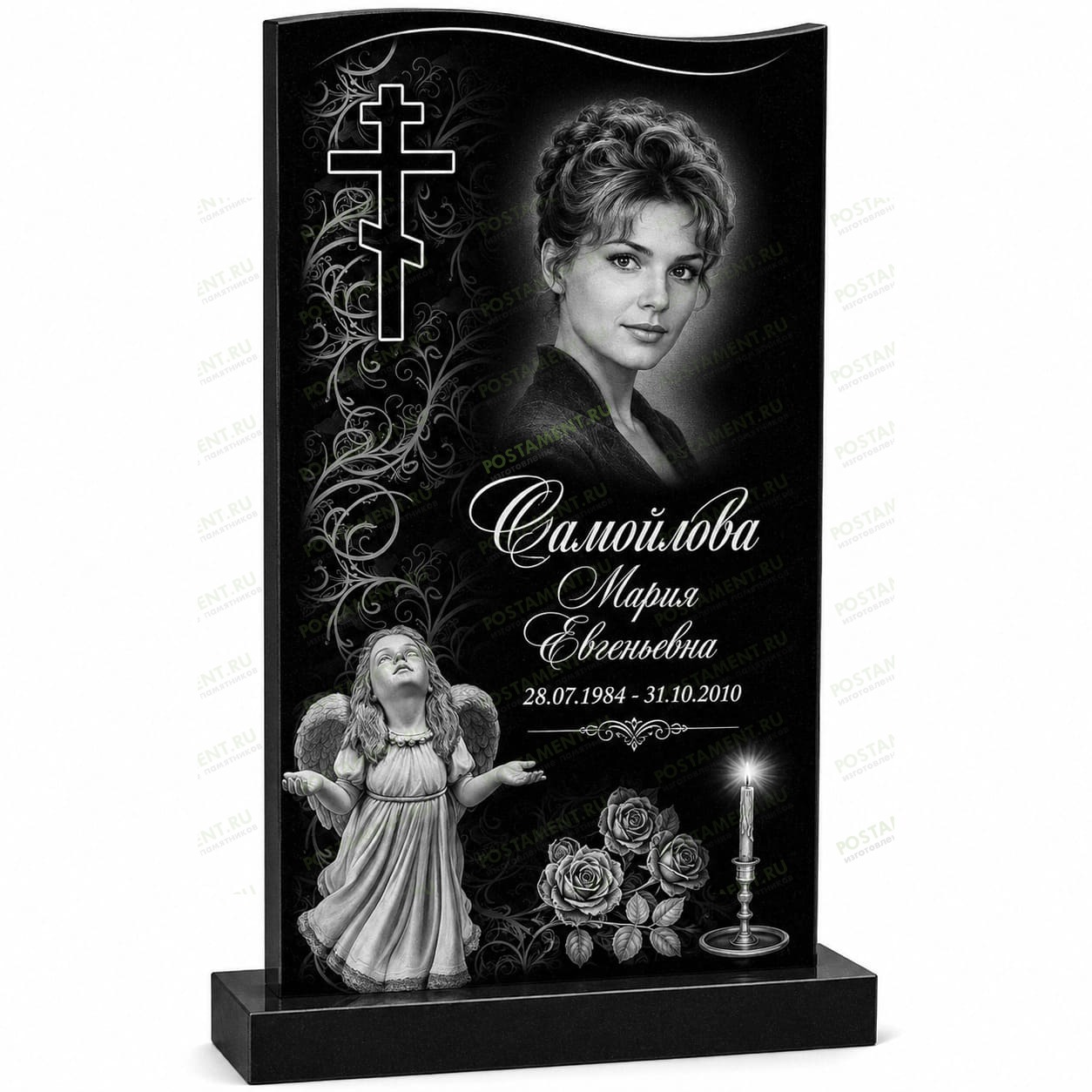 Комплексное оформление женского памятника с ангелом, розами, свечой и православным крестом