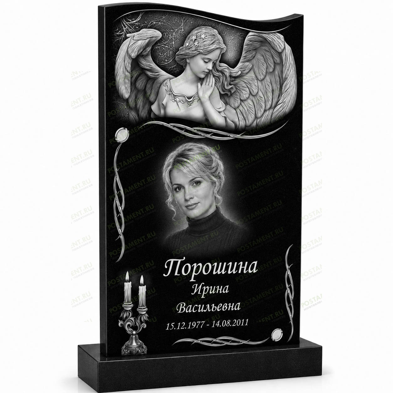 Комплексное оформление женского памятника с ангелом-хранителем, портретом и свечами