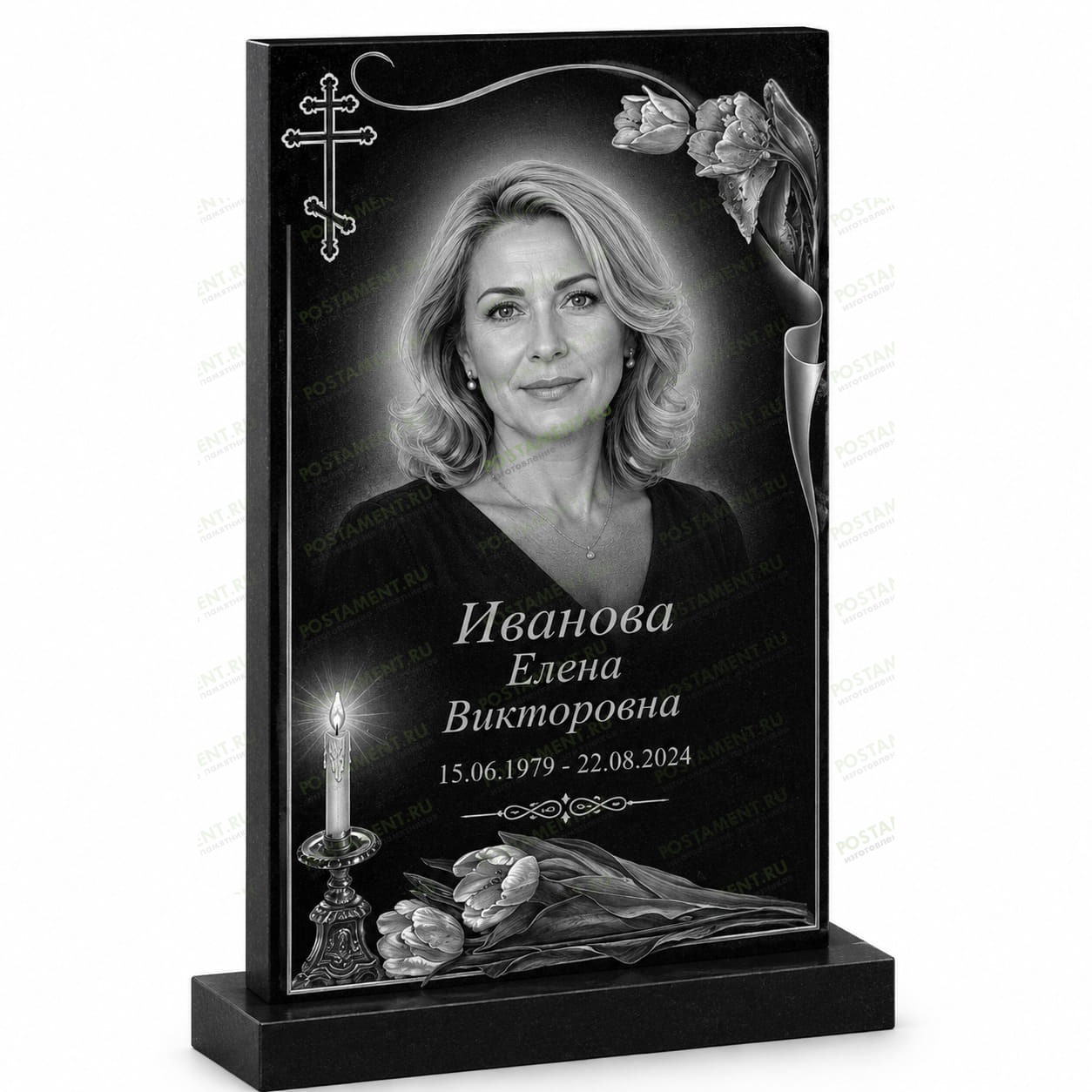 Гравировка памятника с тюльпанами, свечой и православным крестом на черном граните