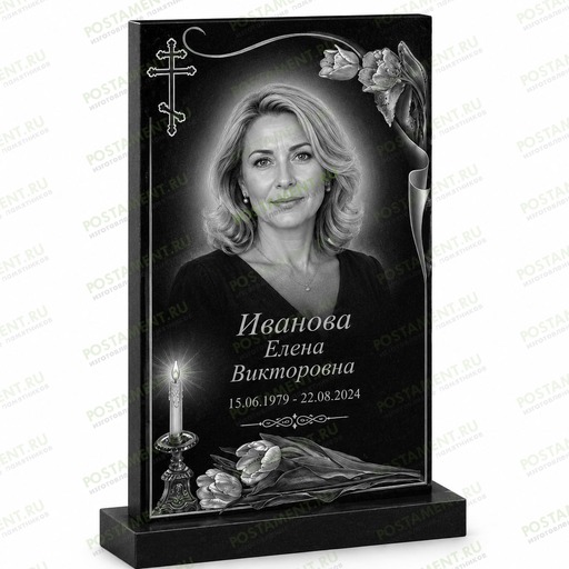 Гравировка памятника с тюльпанами, свечой и православным крестом на черном граните