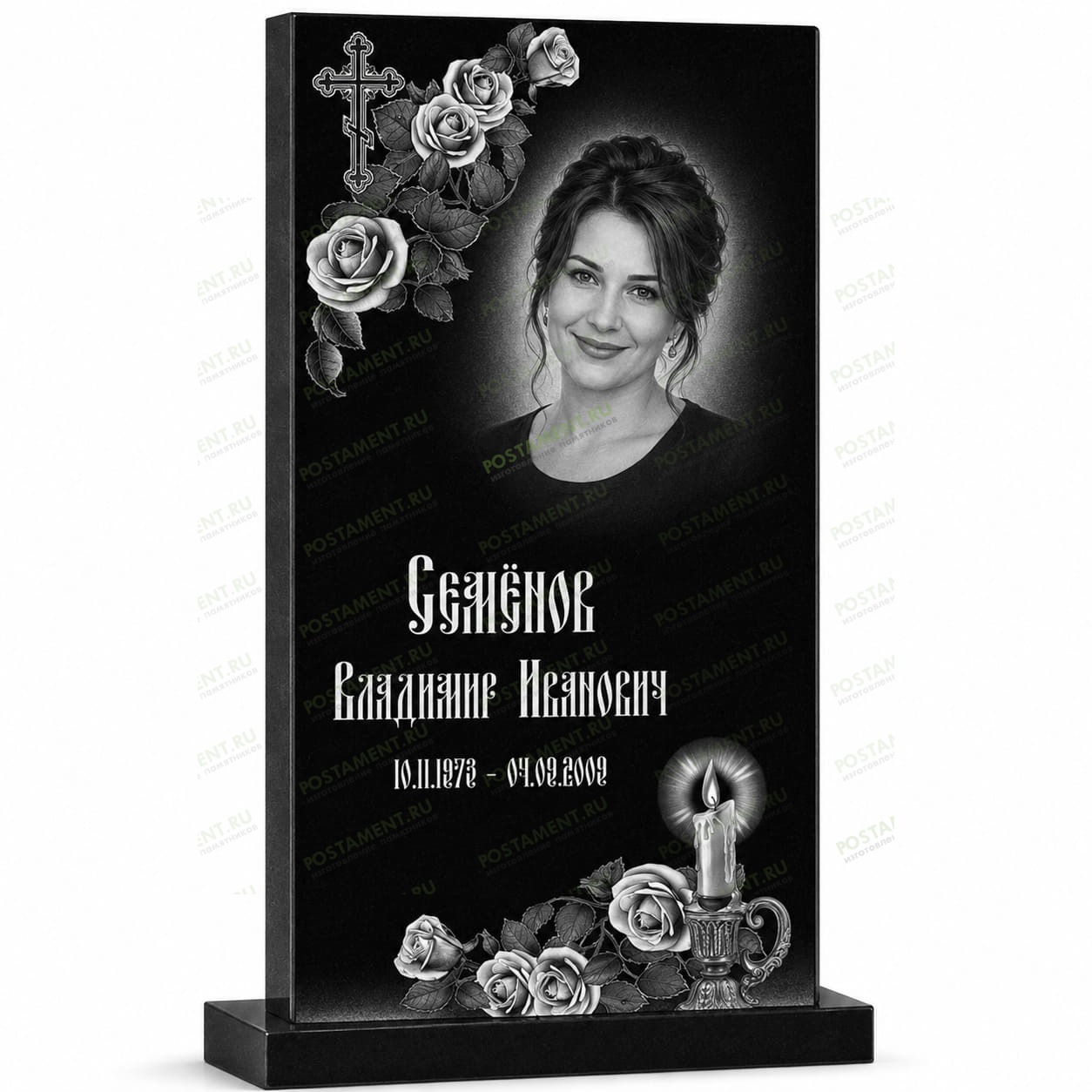 Гравировка памятника с розами, свечой и крестом